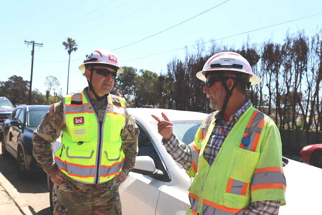 Col. Jeffrey Palazzini, former commander of the Pacific Palisades Emergency Field Office, visited debris removal sites in the Pacific Palisades on May 19. Palazzini served in his role as commander for nearly four months, providing critical leadership and engaging with the community in support of the debris removal mission. USACE photo by Melanie Peterson.