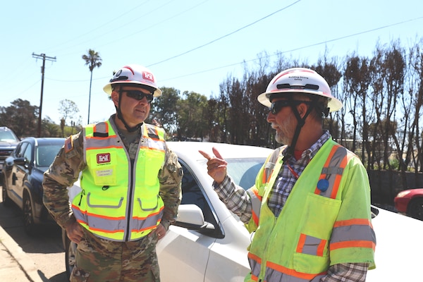 Col. Jeffrey Palazzini, former commander of the Pacific Palisades Emergency Field Office, visited debris removal sites in the Pacific Palisades on May 19. Palazzini served in his role as commander for nearly four months, providing critical leadership and engaging with the community in support of the debris removal mission. USACE photo by Melanie Peterson.