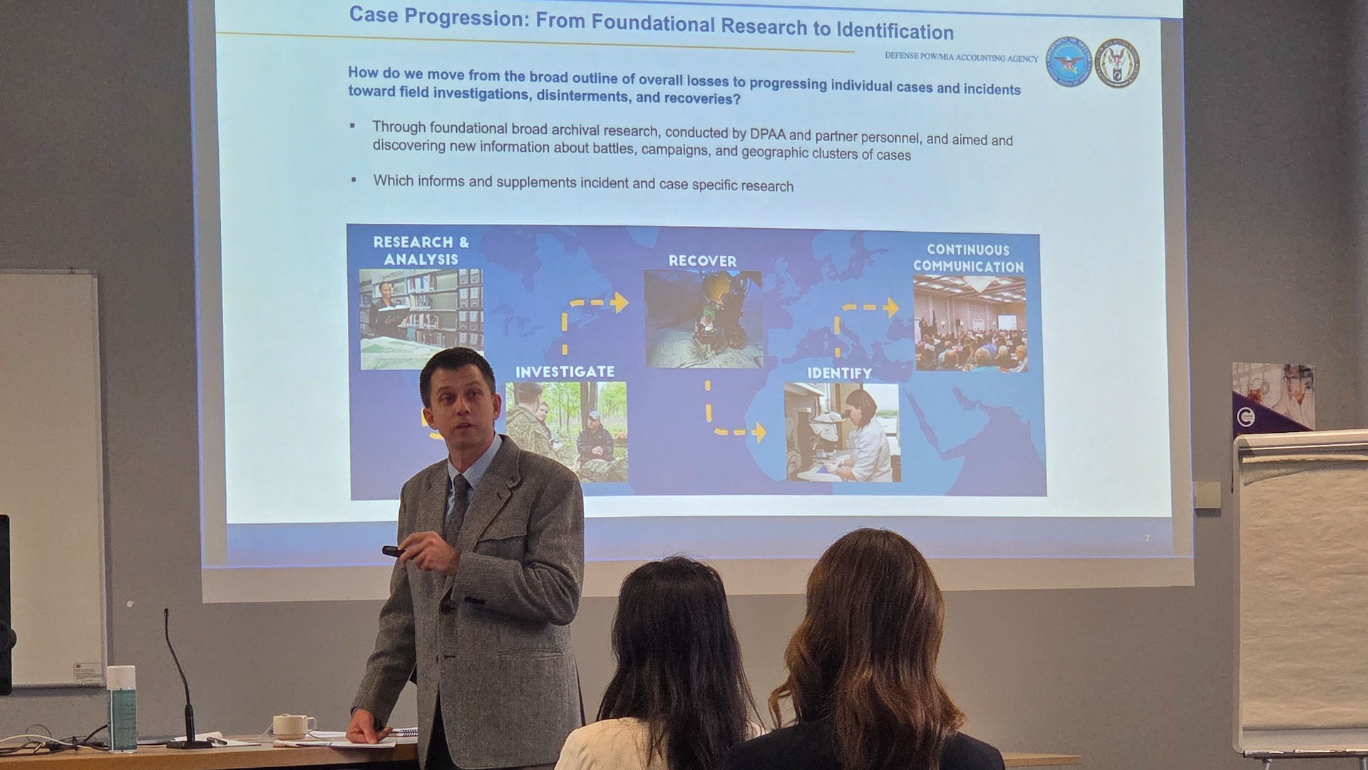 U.S. Army Lt. Col. Joseph Smith, Europe-Mediterranean Directorate deputy director, Defense POW/MIA Accounting Agency, discussed the case progression process during DPAA’s fourth annual Partnership Symposium at Cranfield University, Sept. 24, 2025.