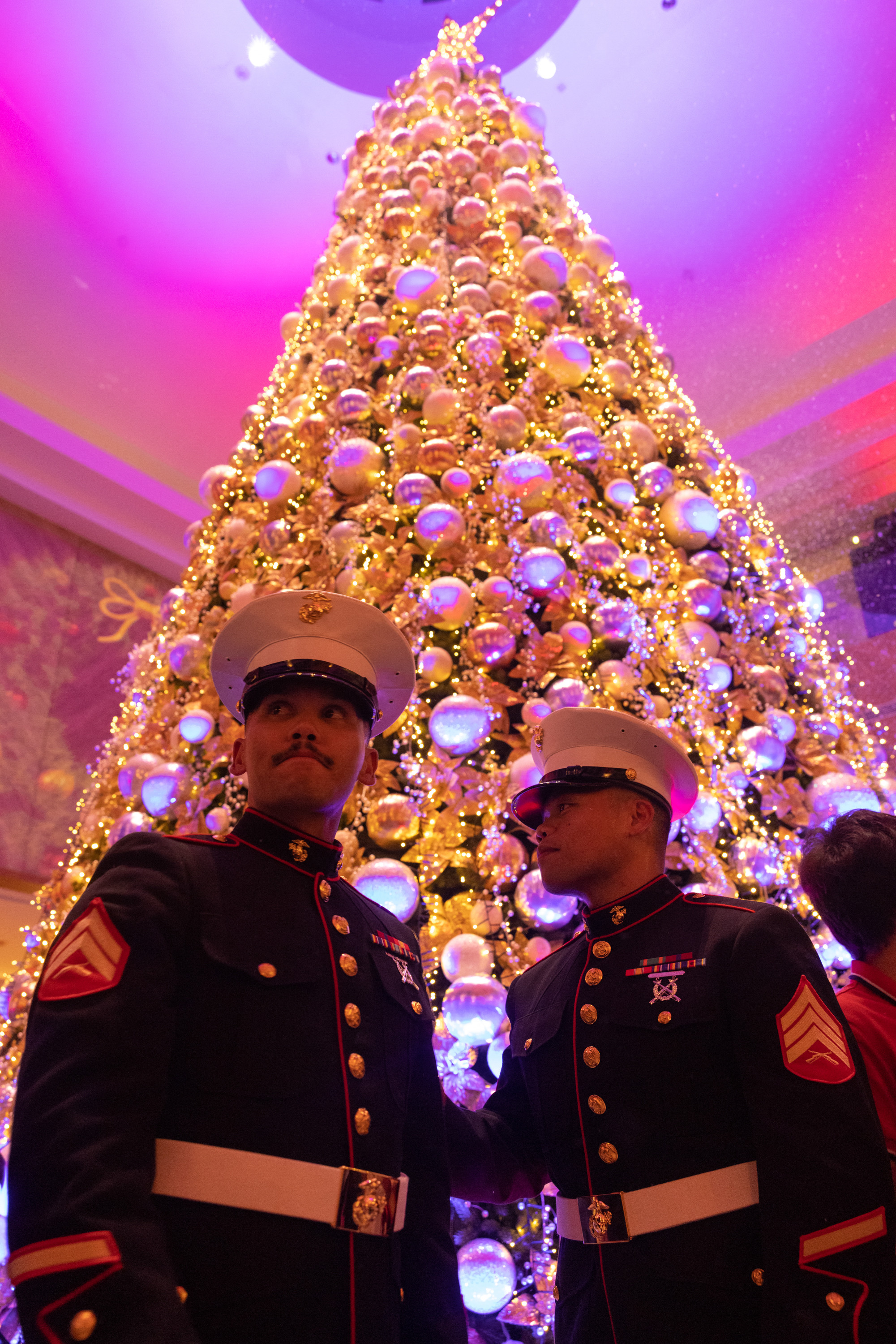 U.S. Marine Corps Cpl. Matthew Dolash, transmissions systems operator, and Sgt. Generou Arcilla, supply chain and material management specialist, both with Headquarters Company, Marine Corps Base Camp Blaz, participate in a Christmas tree lighting ceremony in Tumon, Guam, Dec. 2, 2025. Marines with MCB Camp Blaz joined the local community for a Christmas tree lighting ceremony, proudly escorting Santa and supporting the festivities as part of their continued involvement across the island during the holiday season.  (U.S. Marine Corps Photo by Cpl. Ryan Little)