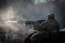 U.S. Army Staff Sgt. Zhiyuan Jiang, section chief, B Battery, 6-37 Field Artillery Regiment, 210 Field Artillery Brigade, fires 240B machine gun during a live fire exercise at Montana Range near Paju, South Korea, Nov. 4, 2025.