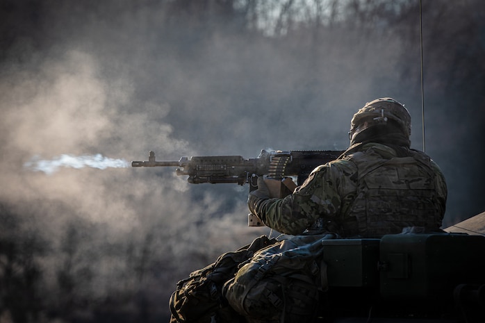U.S. Army Staff Sgt. Zhiyuan Jiang, section chief, B Battery, 6-37 Field Artillery Regiment, 210 Field Artillery Brigade, fires 240B machine gun during a live fire exercise at Montana Range near Paju, South Korea, Nov. 4, 2025.