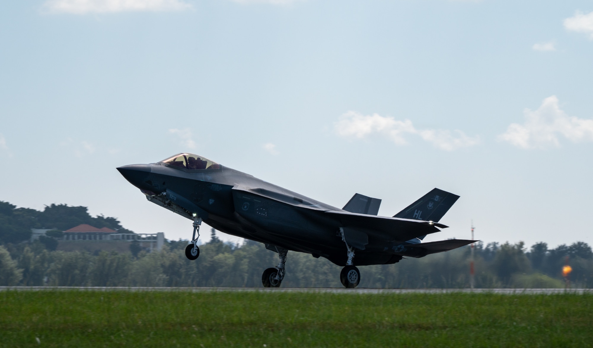 A U.S. Air Force F-35A Lightning II assigned to the 4th Expeditionary Fighter Squadron, deployed to Kadena Air Base, lands at Kadena Air Base, Japan, Oct. 7, 2025.
