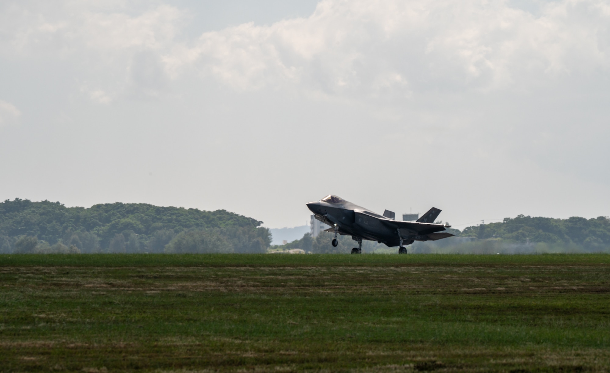 A U.S. Air Force F-35A Lightning II assigned to the 4th Expeditionary Fighter Squadron, deployed to Kadena Air Base, lands at Kadena Air Base, Japan, Oct. 7, 2025.