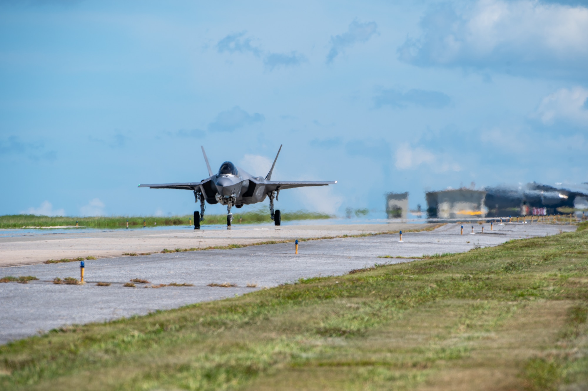 A U.S. Air Force F-35A Lightning II assigned to the 356th Expeditionary Fighter Squadron, deployed to Kadena Air Base, lands at Kadena Air Base, Japan, Oct. 2, 2025.