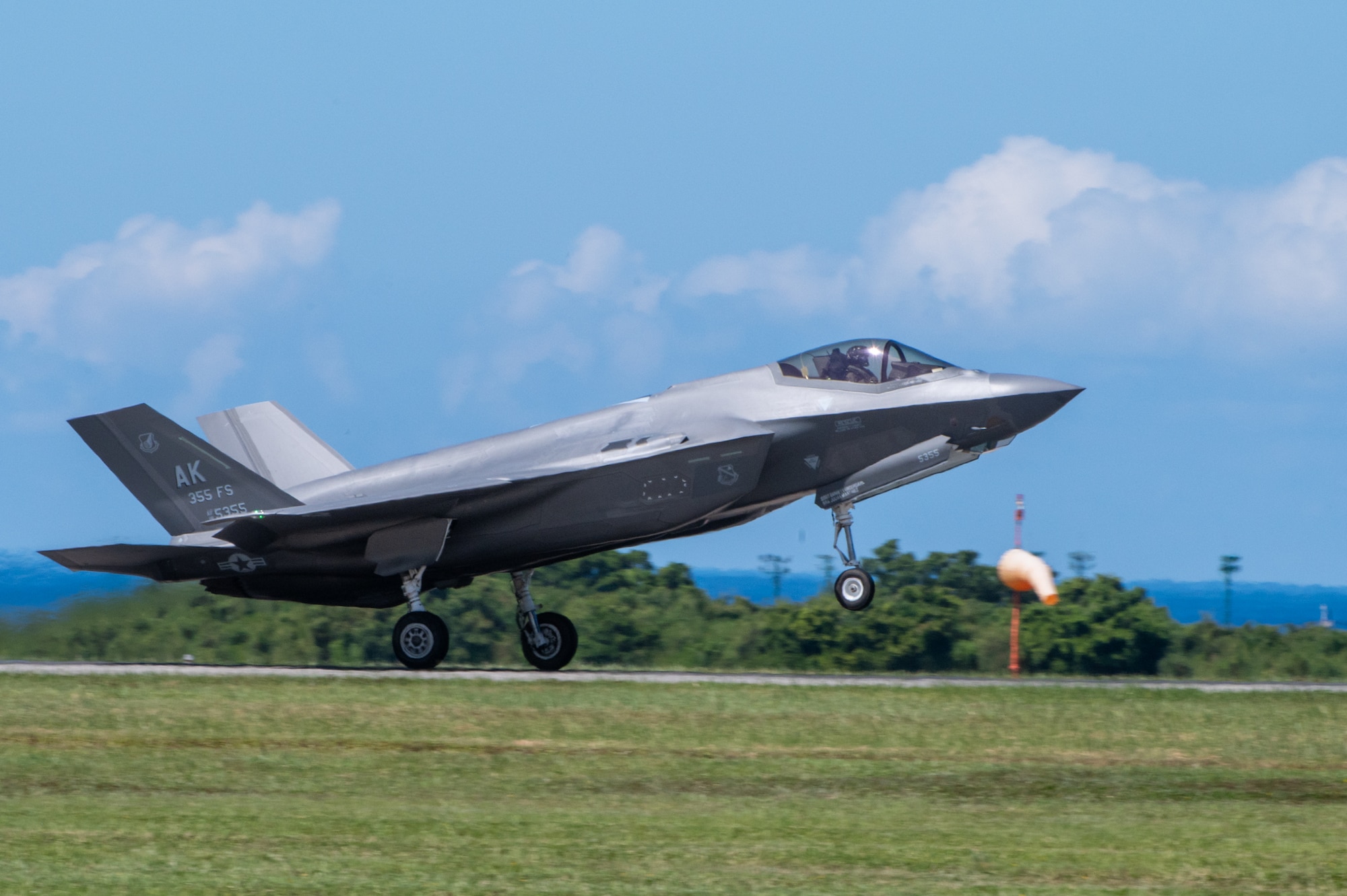 A U.S. Air Force F-35A Lightning II assigned to the 356th Expeditionary Fighter Squadron, deployed to Kadena Air Base, lands at Kadena Air Base, Japan, Oct. 2, 2025.