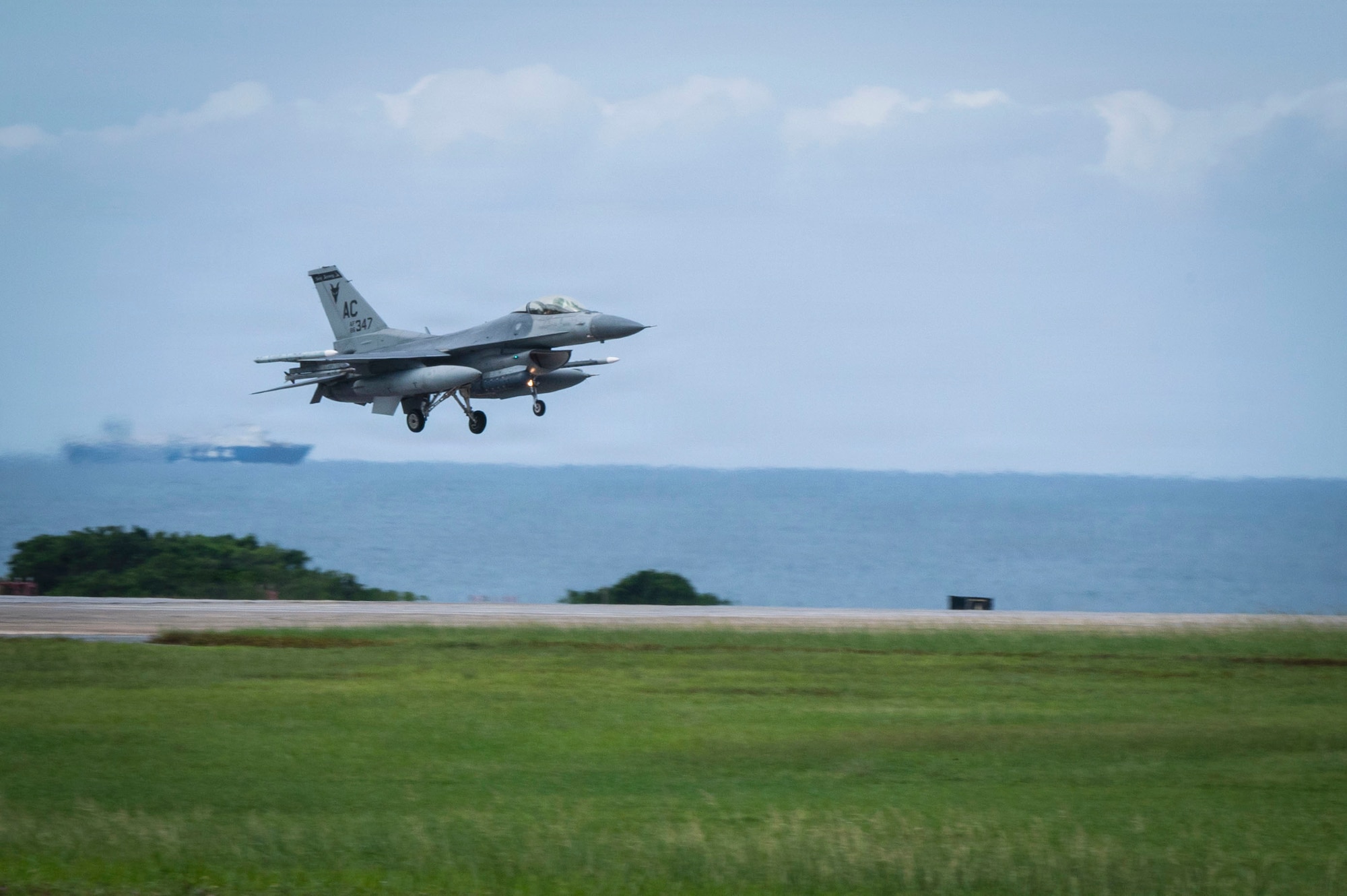 A U.S. Air Force F-16C Fighting Falcon assigned to the 119th Expeditionary Fighter Squadron, Atlantic City Air National Guard Base, New Jersey, prepares to land at Kadena Air Base, Japan, Oct. 23, 2025.