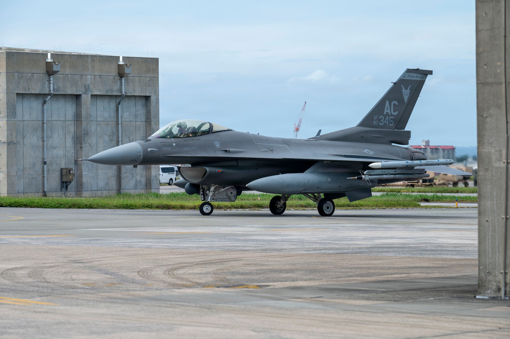 A U.S. Air Force F-16C Fighting Falcon assigned to the 119th Expeditionary Fighter Squadron, Atlantic City Air National Guard Base, New Jersey, taxis on the flightline at Kadena Air Base, Japan, Oct. 23, 2025.