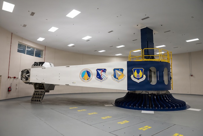 The only human-rated centrifuge within the Department of Defense is shown at Wright-Patterson Air Force Base, Ohio, June 20, 2025. Five astronauts from NASA, the European Space Agency and the Canadian Space Agency completed centrifuge training, which simulates gravitational forces, or g-forces, experienced during launch and return to Earth. The Air Force Research Laboratory’s 711th Human Performance Wing owns and operates the centrifuge. (U.S. Air Force photo / Richard Eldridge)