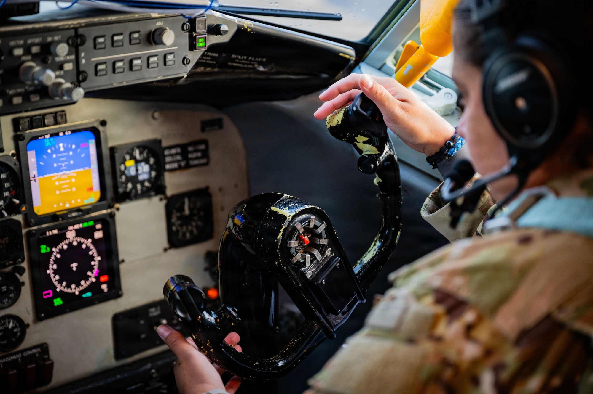 U.S. Air Force 1st Lt. Adelina Martinez, 351st Air Refueling Squadron pilot, tests steering during preflight checks on a KC-135 Stratotanker at RAF Mildenhall, England, Oct. 15, 2025.