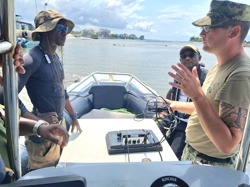 Engineering Aid 1st Class Dylan Maznicki, assigned to 22nd Naval Construction Regiment (22NCR), conducts topographic and bathymetric surveys during a joint maritime infrastructure assessment with the Gabonese Navy.