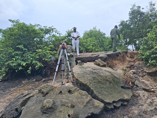 Engineering Aid 1st Class Dylan Maznicki, assigned to 22nd Naval Construction Regiment (22NCR), conducts topographic and bathymetric surveys during a joint maritime infrastructure assessment with the Gabonese Navy.