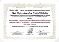 Best Paper Award in Orbital Robotics awarded to the U.S. Naval Research Laboratory in recognition of best engineering contribution to orbital robotics for the paper “Autonomous Planning In-space Assembly Reinforcement-learning free-flyer (APIARY) International Space Station Astrobee Testing,” presented at the 2025 International Conference on Space Robotics (iSpaRo) in Sendai, Japan, on  Dec. 3, 2025.