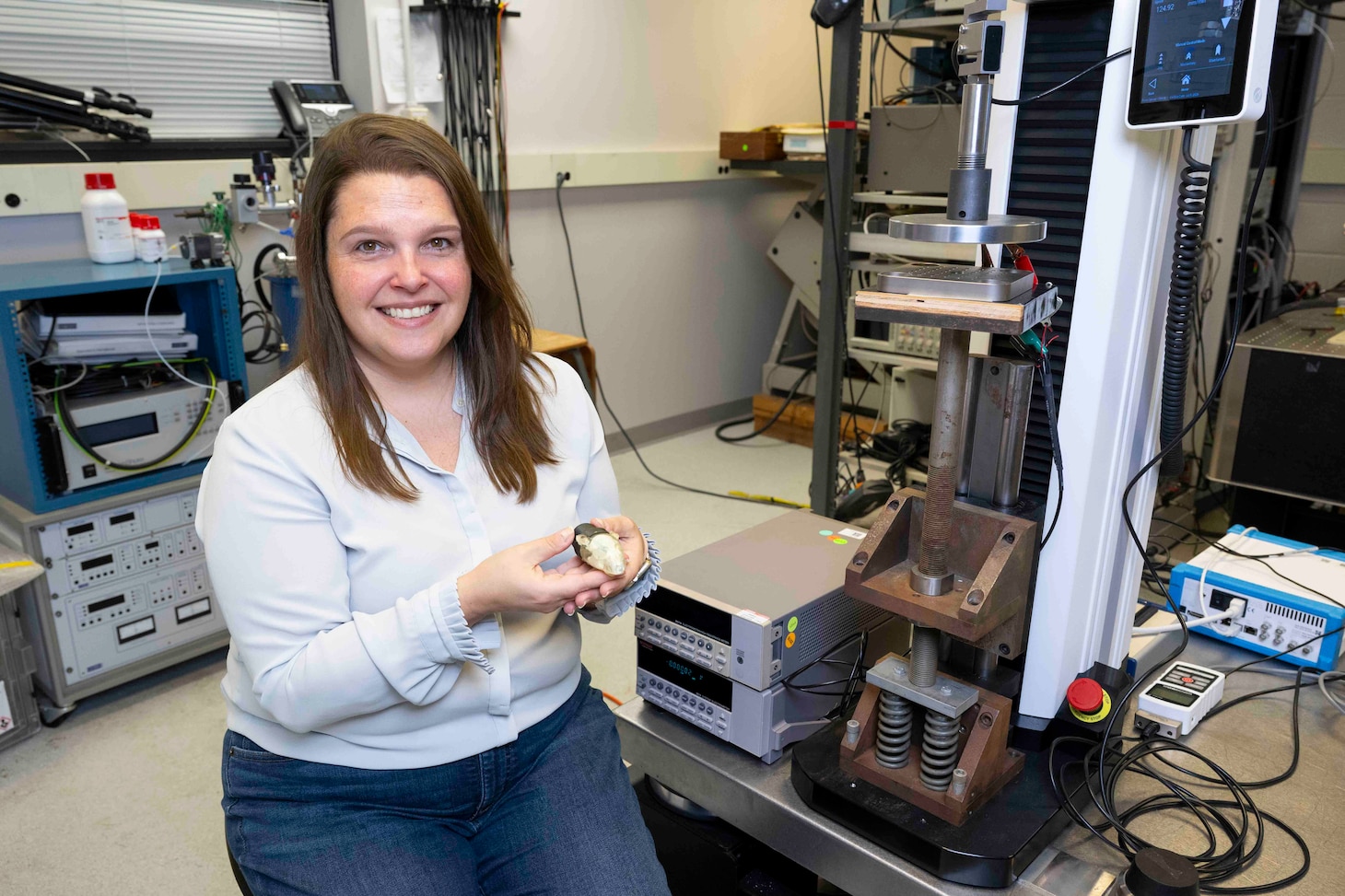 NRL scientist Margo Staruch, Ph.D., working with the University of Virginia Commonwealth, has developed the first anatomically accurate rat brain phantom capable of measuring traumatic brain injury (TBI) impacts in real time. The breakthrough model replicates the mechanical properties of brain tissue while embedding a piezoelectric sensor that converts impact forces directly into measurable electrical signals, offering unprecedented insight into how blast waves and impacts propagate through the brain. November 24, 2025, Washington D.C. (U.S. Navy Photo by Sarah Peterson)