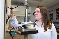 NRL scientist Margo Staruch, Ph.D., working with the University of Virginia Commonwealth, has developed the first anatomically accurate rat brain phantom capable of measuring traumatic brain injury (TBI) impacts in real time. The breakthrough model replicates the mechanical properties of brain tissue while embedding a piezoelectric sensor that converts impact forces directly into measurable electrical signals, offering unprecedented insight into how blast waves and impacts propagate through the brain. November 24, 2025 (U.S. Navy Photo by Sarah Peterson)