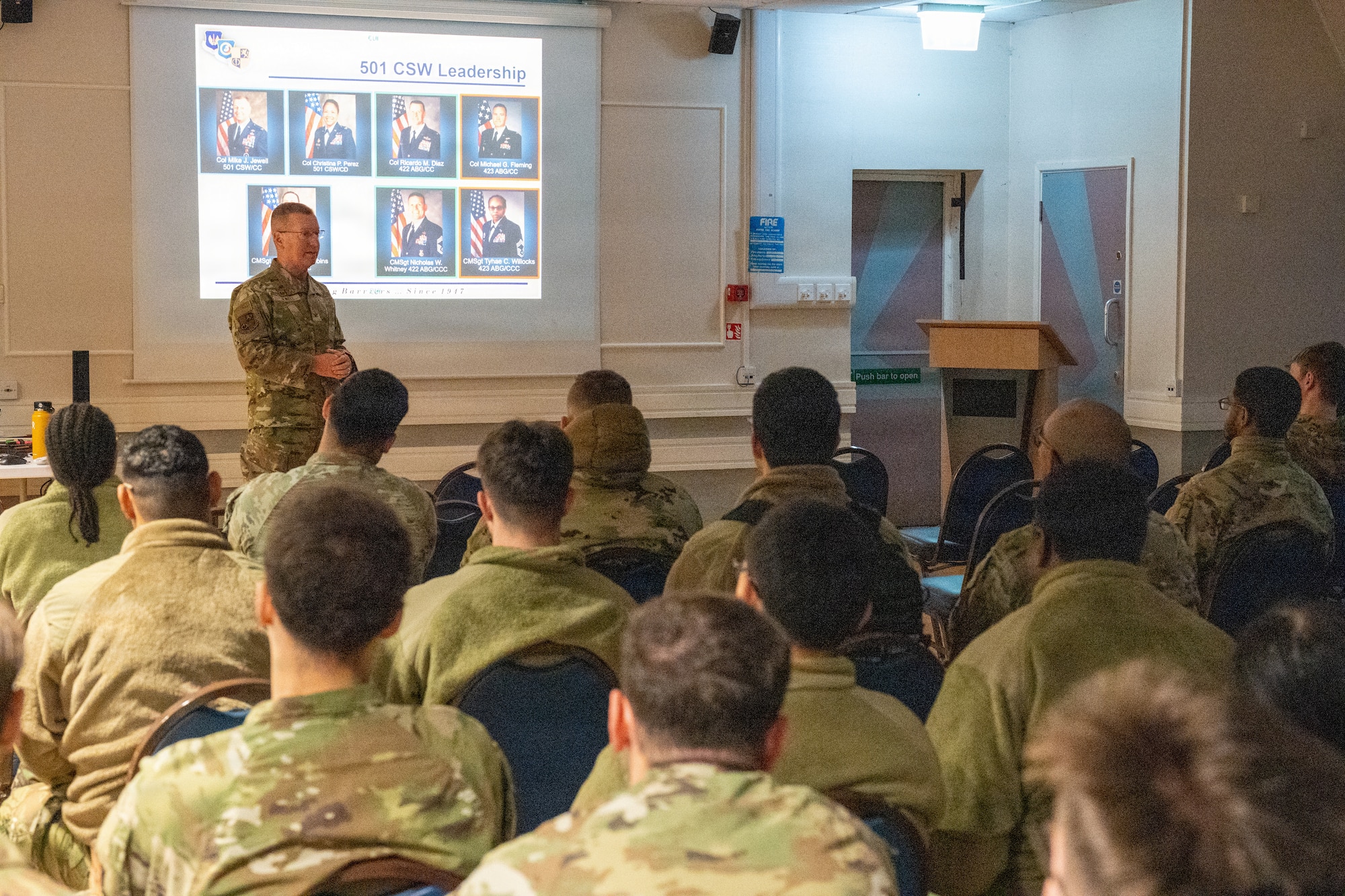 U.S. Air Force Col. Michael J. Jewell, 501st Combat Support Wing commander, delivers remarks