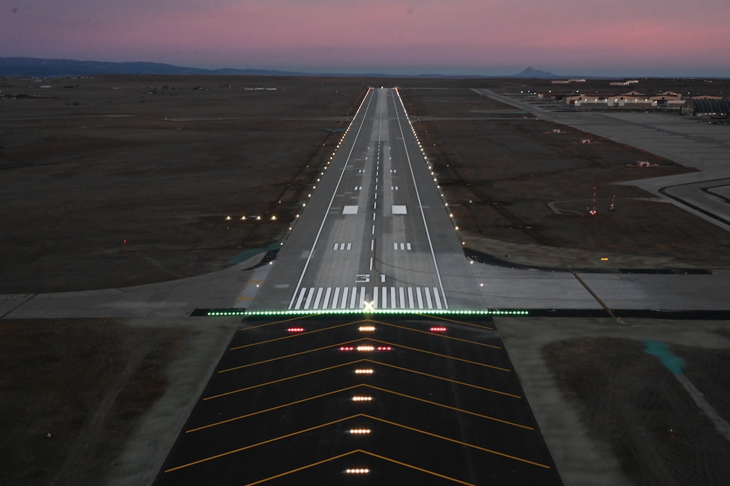 The airfield lights are powered on and tested during the upgrading of the runway at Ellsworth Air Force Base, S.D., Nov. 26, 2025. The reconstruction project prepares the airfield for incoming B-21 Raider operations. (U.S. Air Force photo by Airman 1st Class Alec Carlberg)