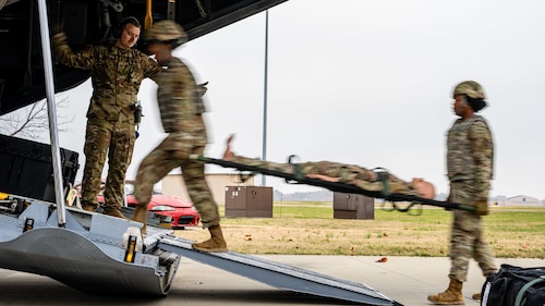 U.S. Airmen participate in Theater Aeromedical Evacuation System exercise.