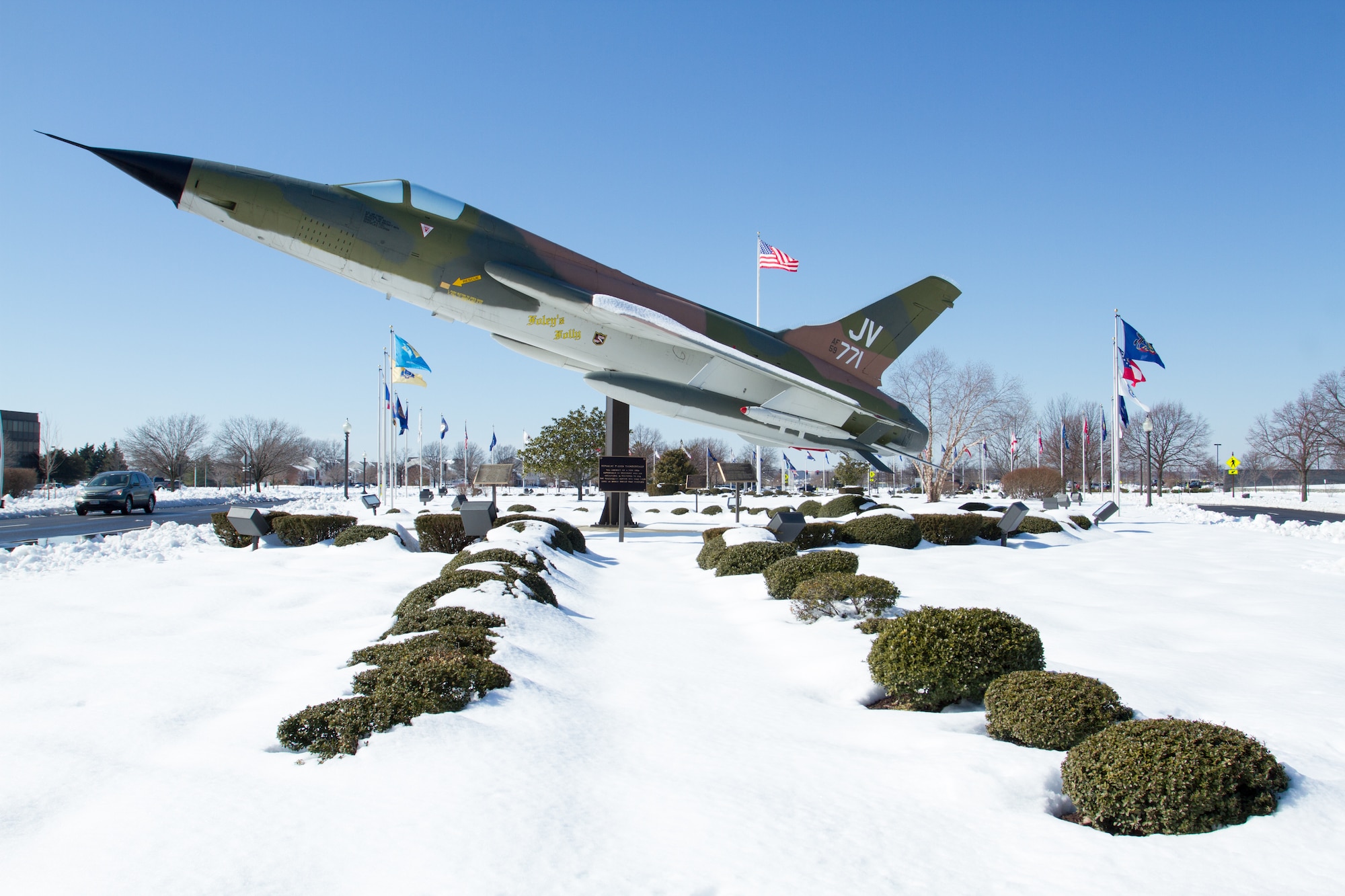 A familiar site at Joint Base Anacostia-Bolling (JBAB) is the Republic F-105D Thunderchief, located in front of Arnold Gate is surrounded by a field of snow Feb. 14, 2014 following a winter storm two days prior.