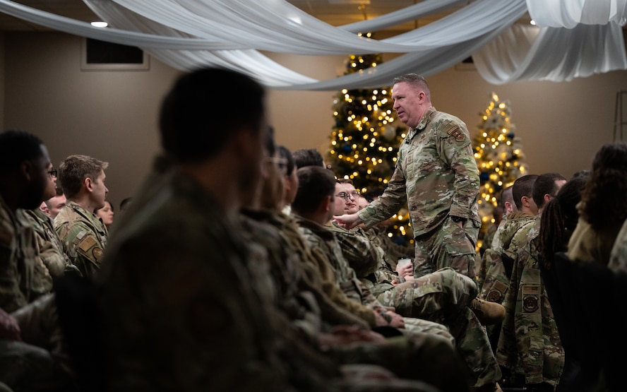 Chief Bickley speaks to Airman during an all-call brief.