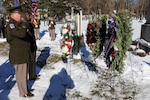 New York Army National Guard Maj. Gen. Michel Natali, assistant adjutant general, Army, and Command Sgt. Maj. Leylan Jones, salute after the placing a wreath from the White House during the annual wreath laying ceremony marking the birthday of President Martin Van Buren in Kinderhook, New York, on Dec. 5, 2025. Natali presented a wreath from President Donald Trump at the annual ceremony held at Van Buren’s gravesite in Kinderhook Reformed Cemetery. Photo by Stephanie Butler.