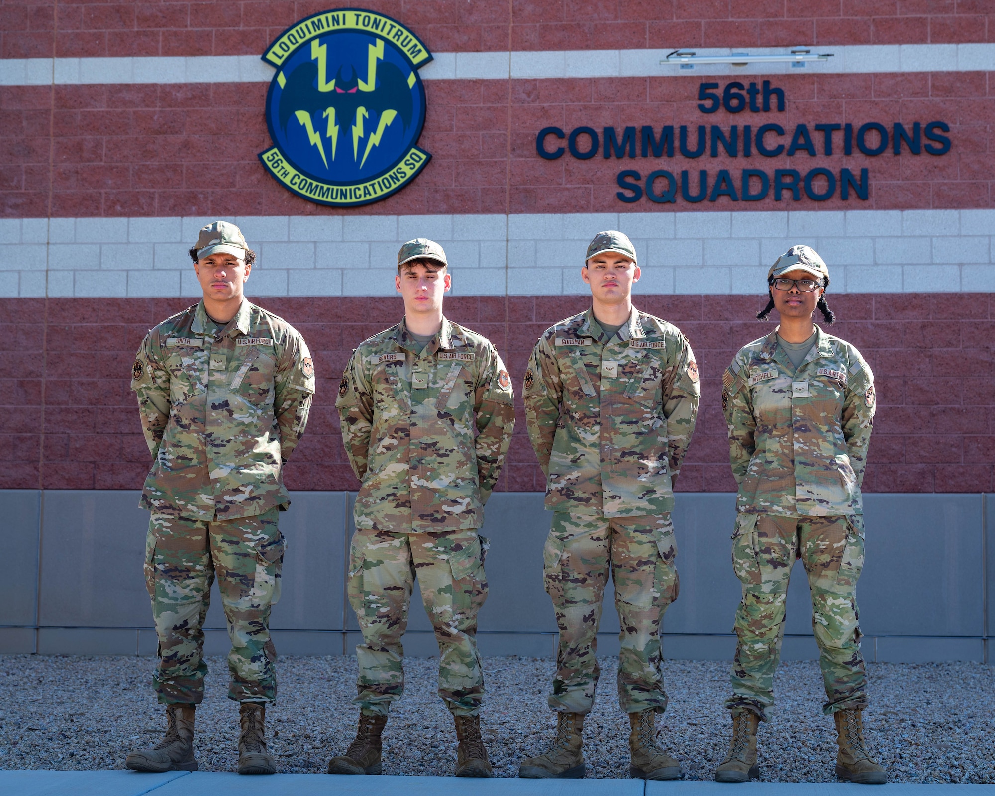 U.S. Air Force Airmen assigned to the 56th Communications Squadron, pose for a photo, Oct. 1, 2025, at Luke Air Force Base, Arizona.