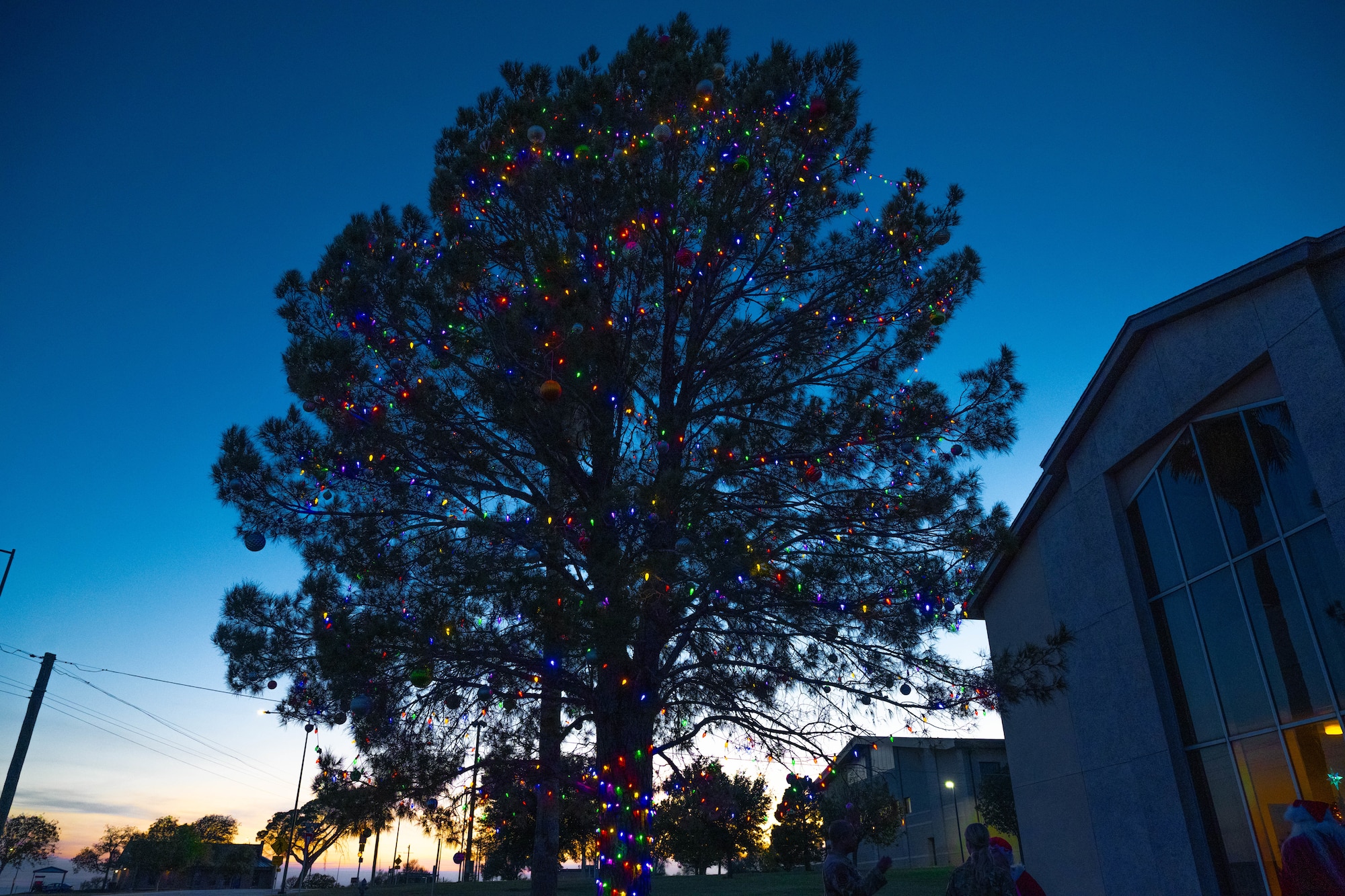 The Laughlin Christmas tree stands lit at Laughlin Air Force Base, Texas, Dec. 3, 2025.  The 47th Flying Training Wing Chaplin Corps hosted a Christmas tree lighting ceremony to unite the community during the holiday season. (U.S. Air Force photo by Airman 1st Class Darryl Keith)