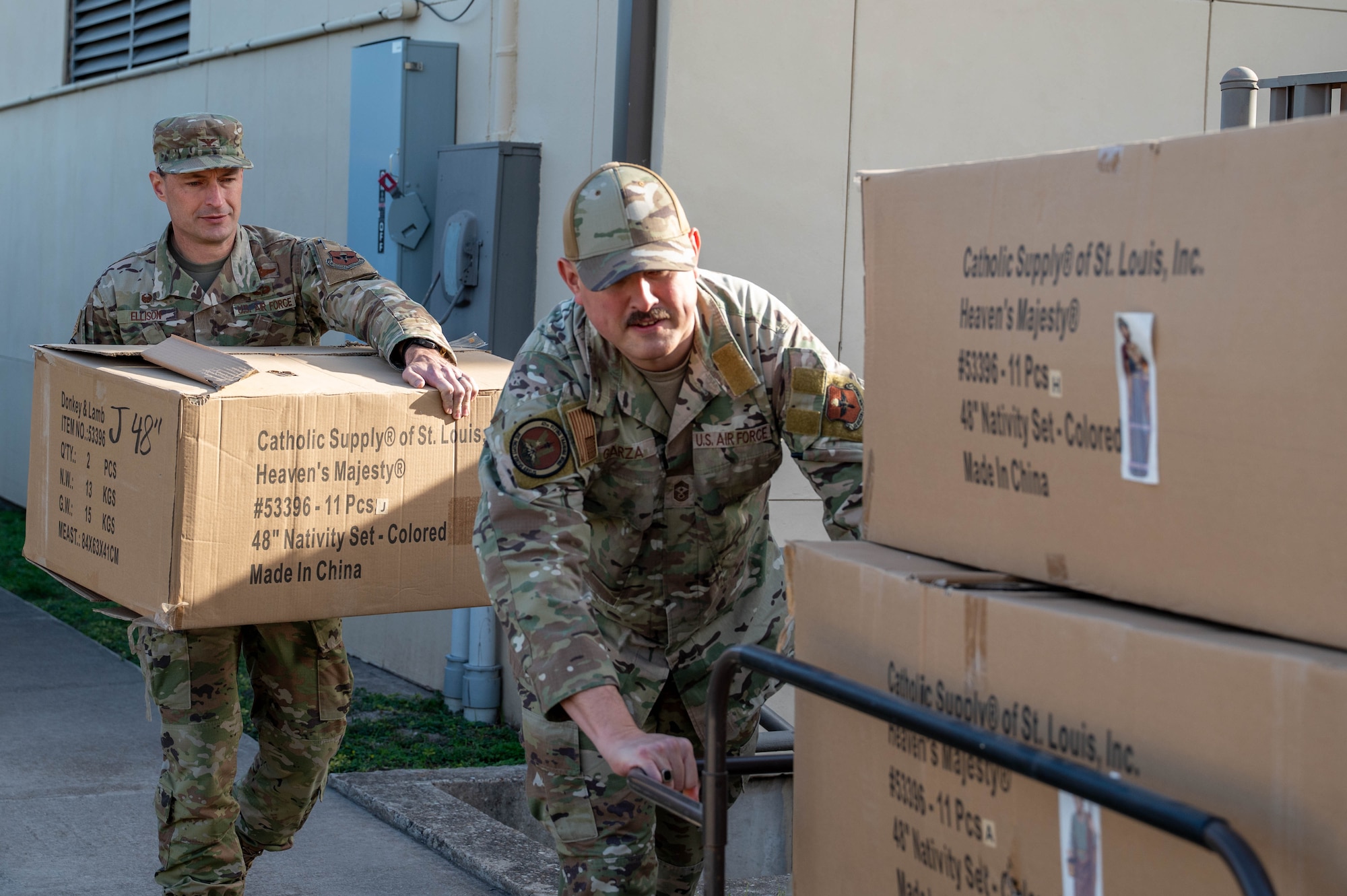 Col. Ellison and Chief Garza visited the Chapel to help set up decorations to celebrate Christmas and prepare for this year’s upcoming Christmas Tree lighting, an event marking the beginning of the holiday season for the base community.