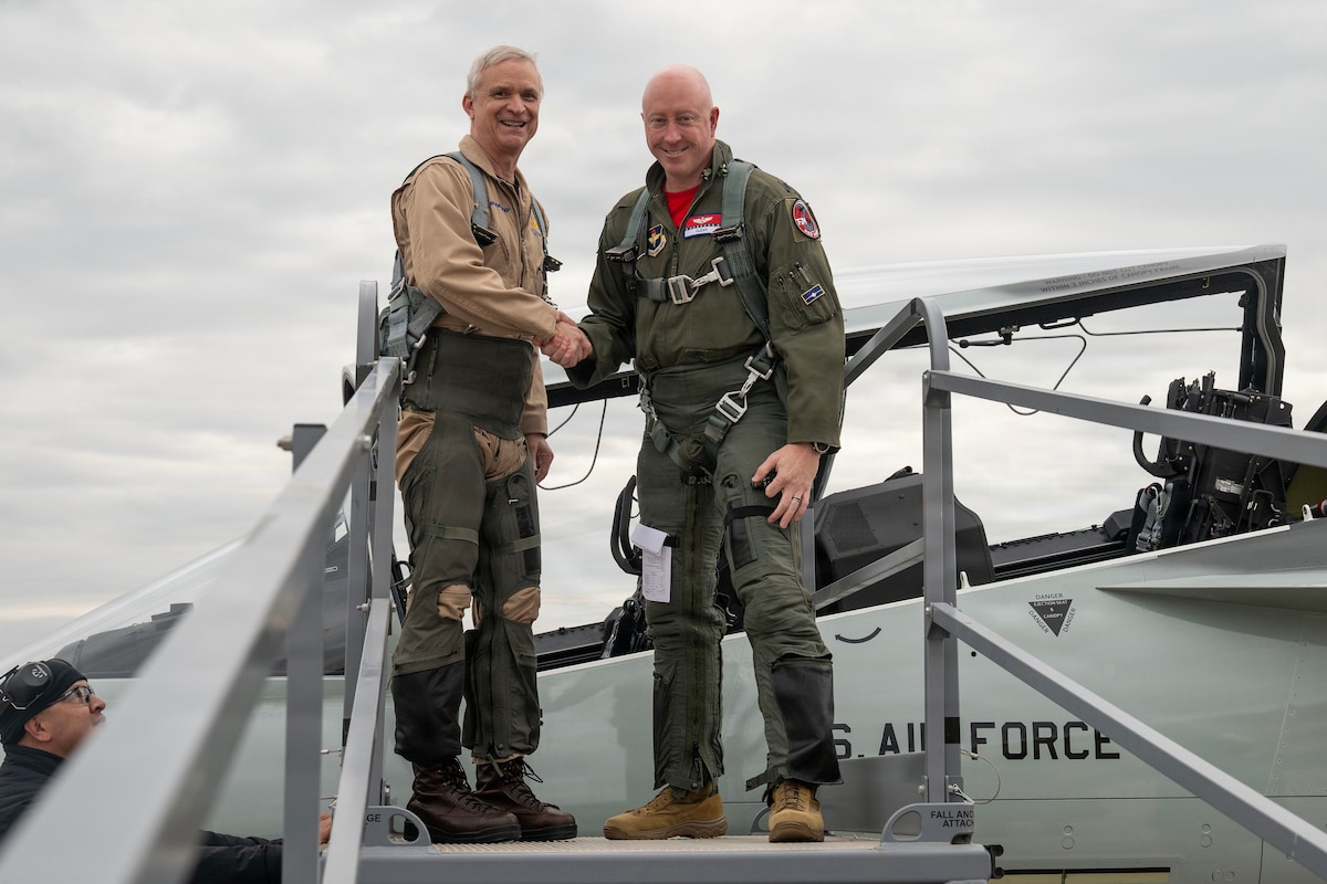 Test pilot and 99FTS director of operations shaking hands