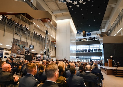 Commander of U.S. Strategic Command Adm. Rich Correll makes remarks after assuming leadership in a change of command ceremony at the USSTRATCOM.