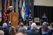 Commander of U.S. Strategic Command Adm. Rich Correll makes remarks after assuming leadership in a change of command ceremony at the USSTRATCOM