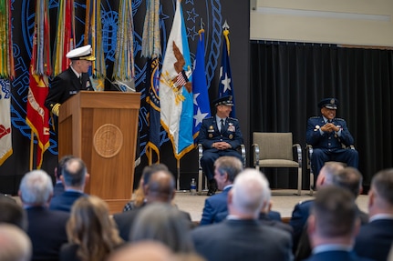 Commander of U.S. Strategic Command Adm. Rich Correll makes remarks after assuming leadership in a change of command ceremony at the USSTRATCOM