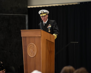 Adm. Rich Correll makes remarks after assuming leadership in a change of command