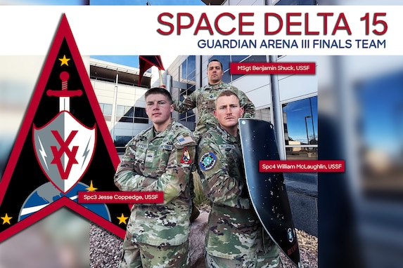 Three military members pose for the camera in group.