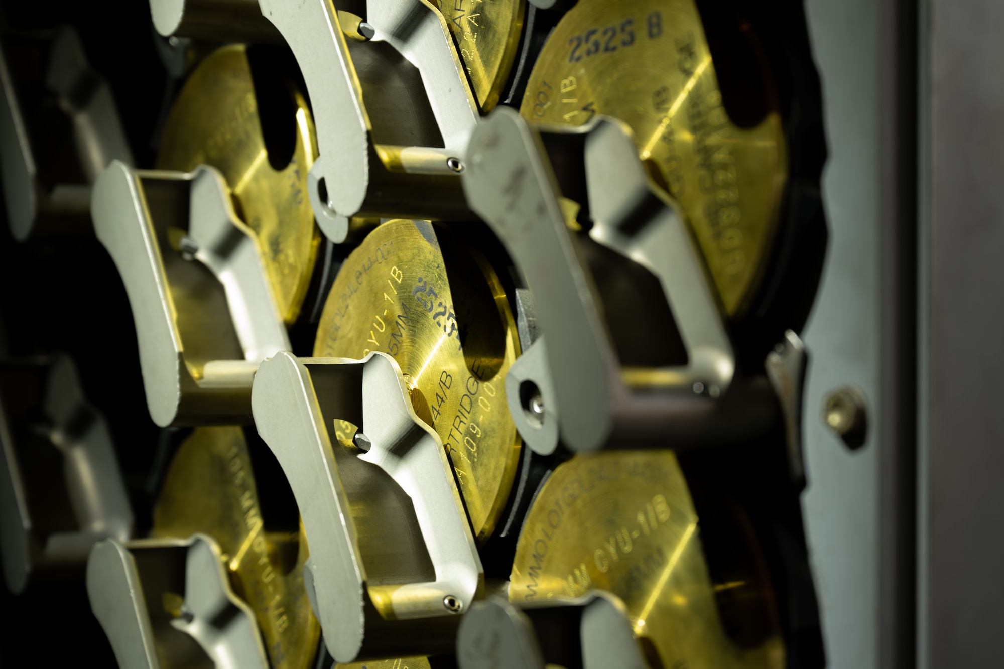 105-mm high-explosive rounds are stored aboard an AC-130J Ghostrider gunship assigned to the 1st Special Operations Wing at Hurlburt Field, Florida, Nov. 12, 2025.