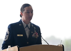U.S. Air Force Chief Master Sgt. Jessica L. Beall addresses guests during her retirement ceremony at Francis S. Gabreski Air National Guard Base, Westhampton Beach, N.Y., Sept. 7, 2025.