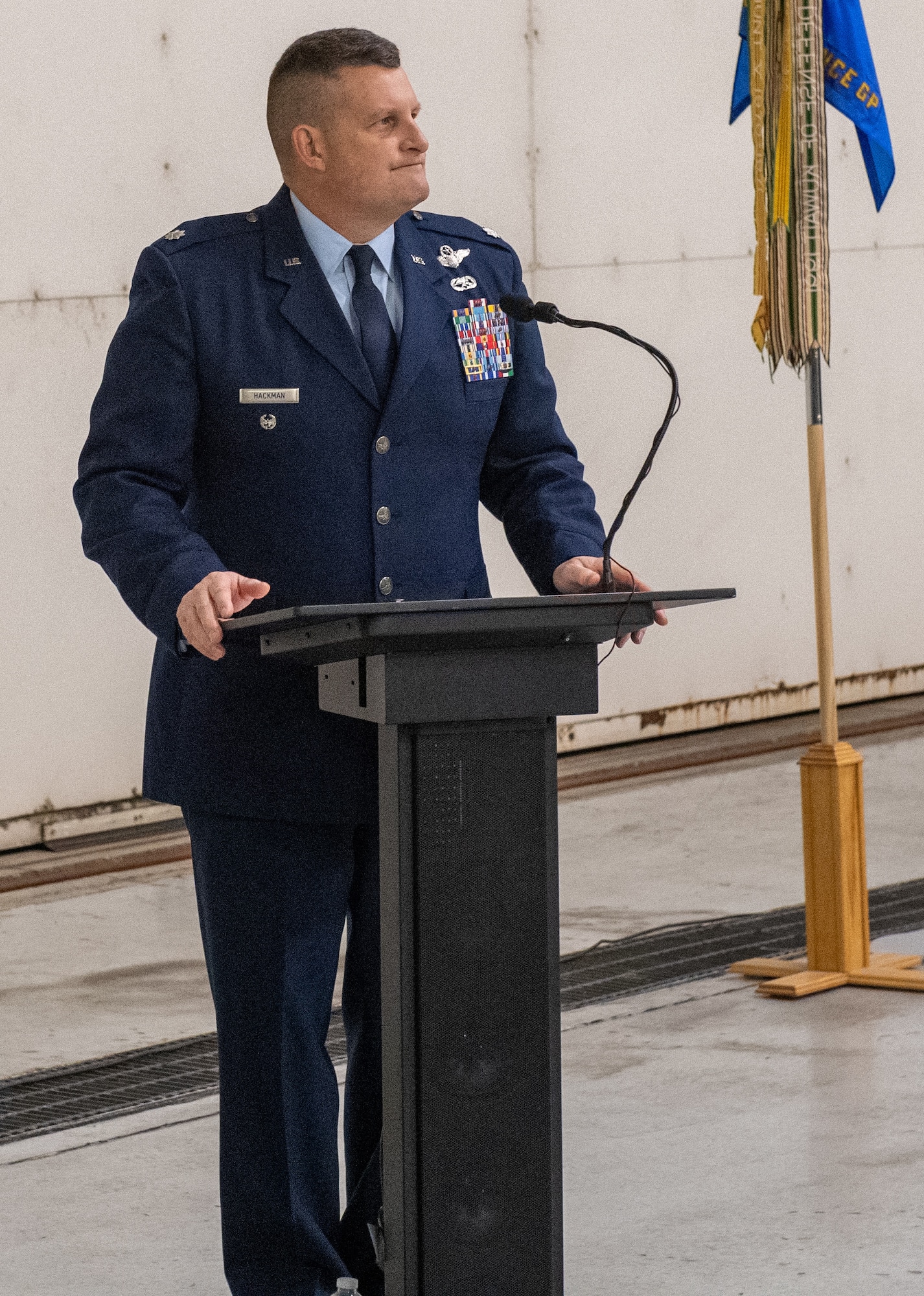 Lt. Col. Michael Hackman speaks during a change of command ceremony for the 193rd Special Operations Maintenance Group in Middletown, Pa., Dec. 5, 2025.