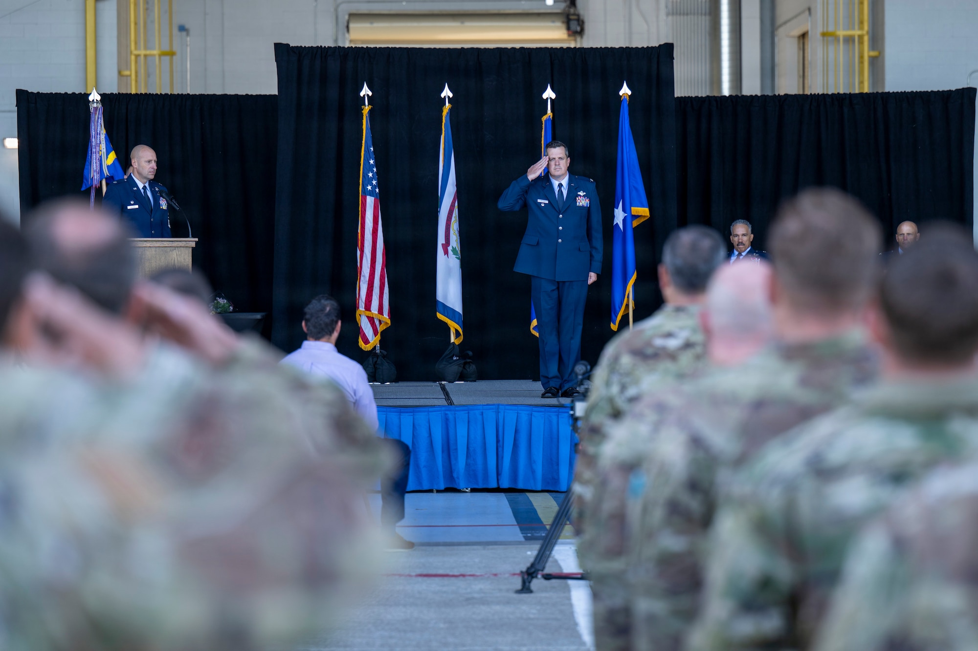 U.S. Air Force Col. Richard Switzer receives his first salute after taking command of the 130th Airlift Wing during a change of command ceremony at McLaughlin Air National Guard Base in Charleston, West Virginia, on Oct. 4, 2025. held on Oct. 4, 2025. Switzer is the 11th commander of the 130th Airlift Wing, which received federal recognition on October 16, 1955. (U.S. Air National Guard photo by 1st Lt. De-Juan Haley)