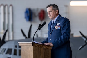 U.S. Air Force Col. Richard Switzer speaks to Airmen after taking command of the 130th Airlift Wing during a change of command ceremony at McLaughlin Air National Guard Base in Charleston, West Virginia, held on Oct. 4, 2025. Switzer is the 11th commander of the 130th Airlift Wing, which received federal recognition on October 16, 1955. (U.S. Air National Guard photo by 1st Lt. De-Juan Haley)