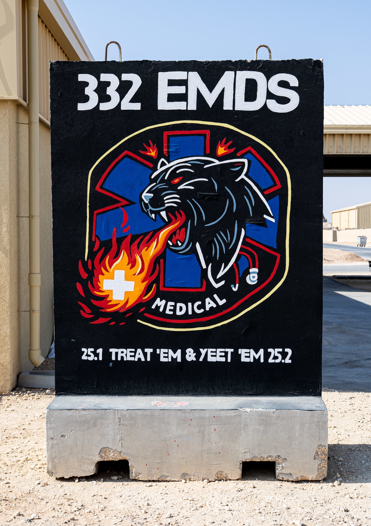 The U.S. Air Force 332nd Expeditionary Medical Squadron displays their logo in the U.S. Central Command area of responsibility, Nov. 13, 2025.
