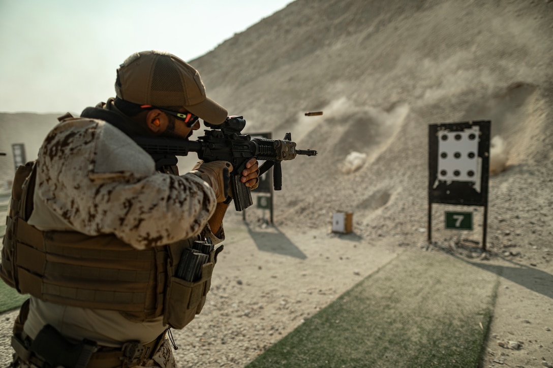 Bahrain Special Operations Forces, during training exercise Hamad Falcon, fires his weapon at a range in Bahrain Nov. 10, 2024. Hamad Falcon exercise, hosted by Bahrain with participation from U.S., UK, Brunei, Malaysia, and Philippines SOF units, is intended to enhance interoperability and relations with key partners in line with strategic competition and support to partners. (U.S. Army photo by Sgt. 1st Class Benjamin John)