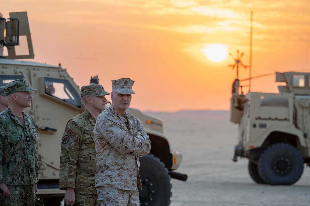 U.S. Marine Corps Gen. Christopher Mahoney, Vice Chairman of the Joint Chiefs of Staff, meets with 386th Air Expeditionary Wing Airmen during a USO Holiday Tour within the U.S. Central Command area of responsibility, Dec. 4, 2025. Mahoney thanked the troops for their readiness, resilience and commitment to the mission, emphasizing that every forward-deployed service member strengthens America’s deterrence and global security network, supported by the USO’s steadfast presence worldwide. (U.S. Air Force photo by Staff. Sgt. Tylin Rust)