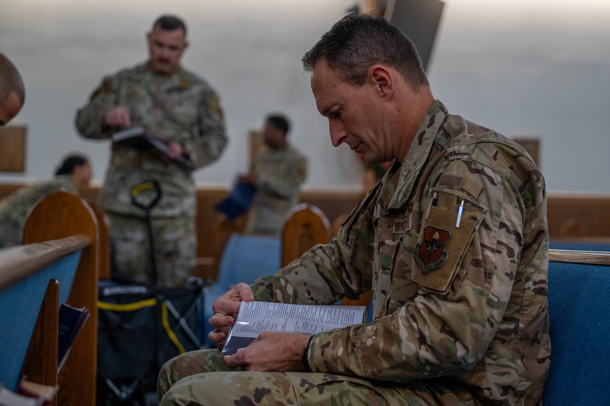 Col. Ellison and Chief Garza visited the Chapel to help set up decorations to celebrate Christmas and prepare for this year’s upcoming Christmas Tree lighting, an event marking the beginning of the holiday season for the base community.