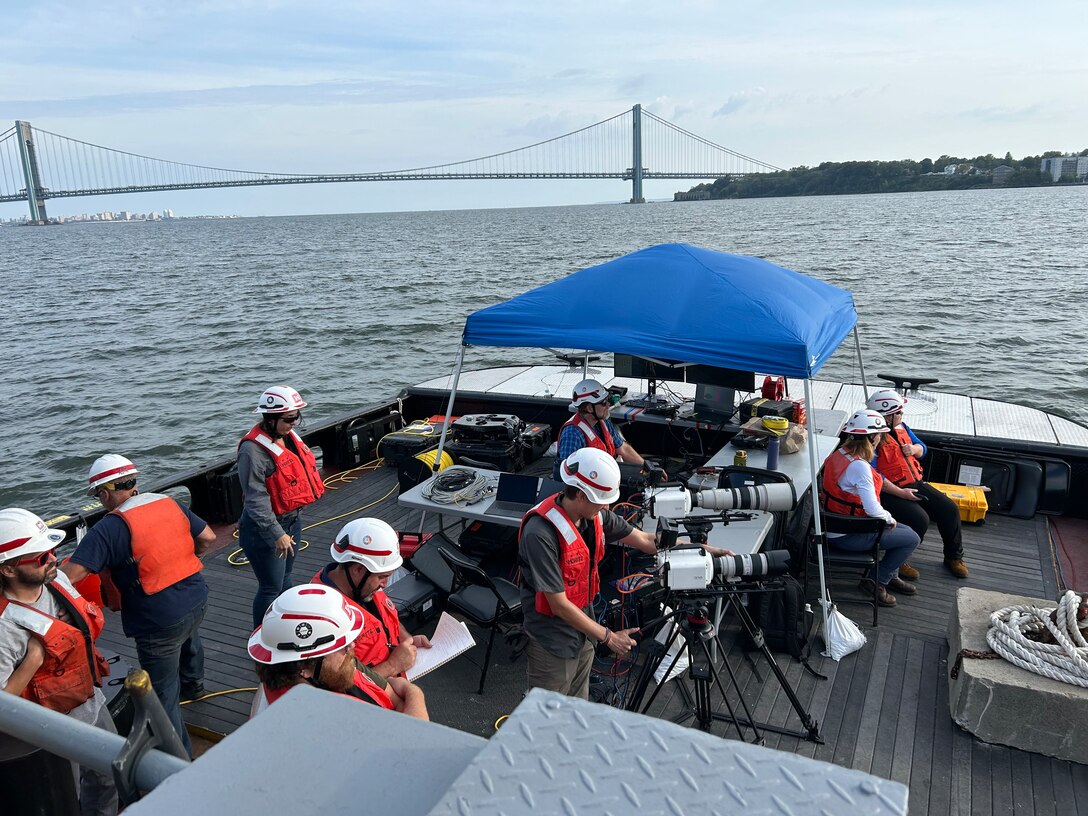 Crews prep equipment to collect data during anchor penetration-depth field tests at Stapleton Anchorage in the New York Harbor.
