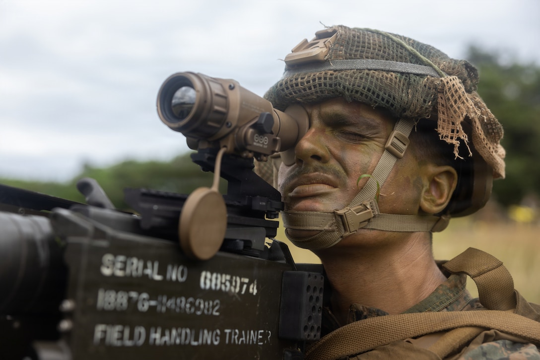 U.S. Marine Corps Lance Cpl. Patrick Cancienne a low altitude air defense gunner with 1st Low Altitude Air Defense, forward deployed in direct support of 4th Marine Regiment, 3rd Marine Division, sights into the Stinger during a Command Post Exercise on Camp Schwab, Okinawa, Japan.