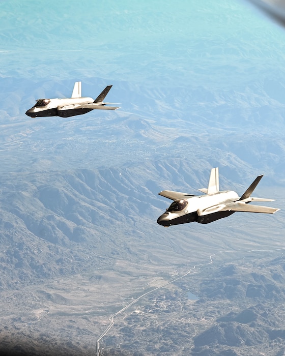 U.S. Air Force F-35A Lightning II’s assigned to the 56th Fighter Wing, fly in a close formation in preparation for refueling Dec. 2, 2025, over the skies of Arizona.