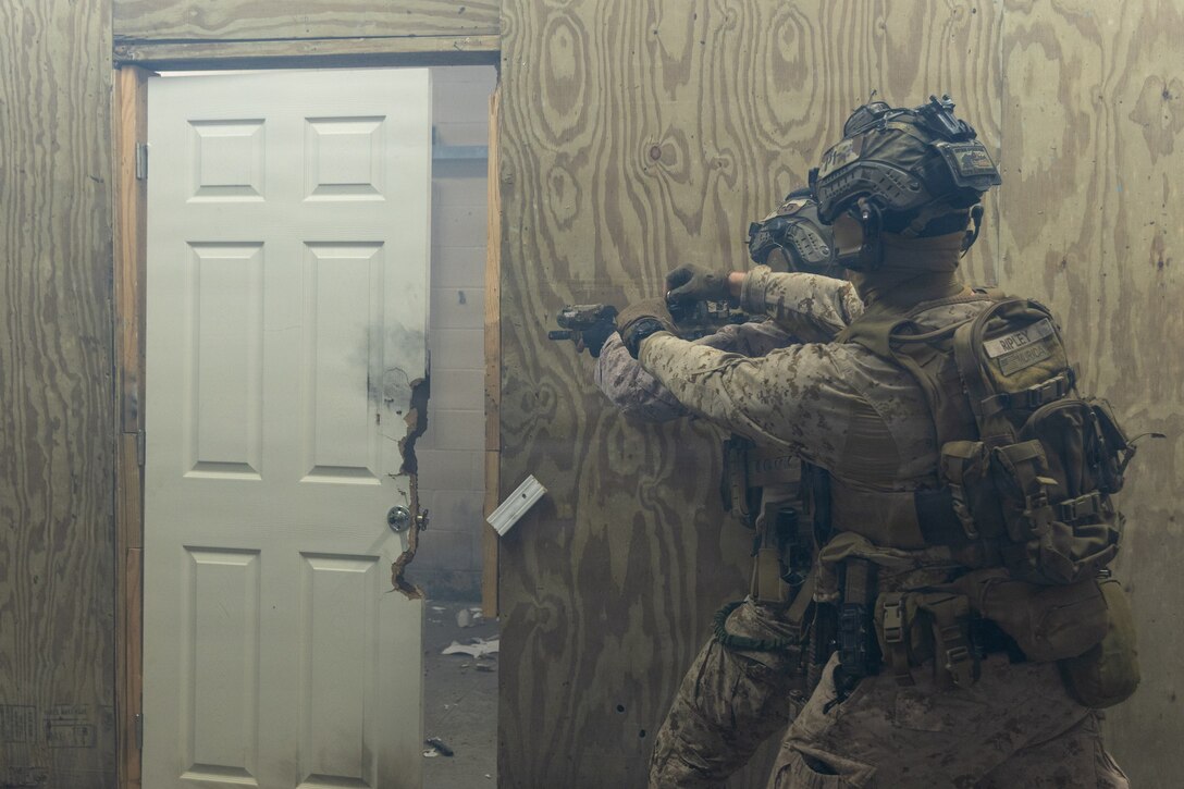Reconnaissance Marines with the 24th Marine Expeditionary Unit conduct room clearing drills as a part of Close Quarters Tactics training.
