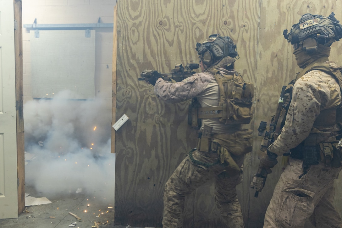 Reconnaissance Marines with the 24th Marine Expeditionary Unit conduct room clearing drills as a part of Close Quarters Tactics training.