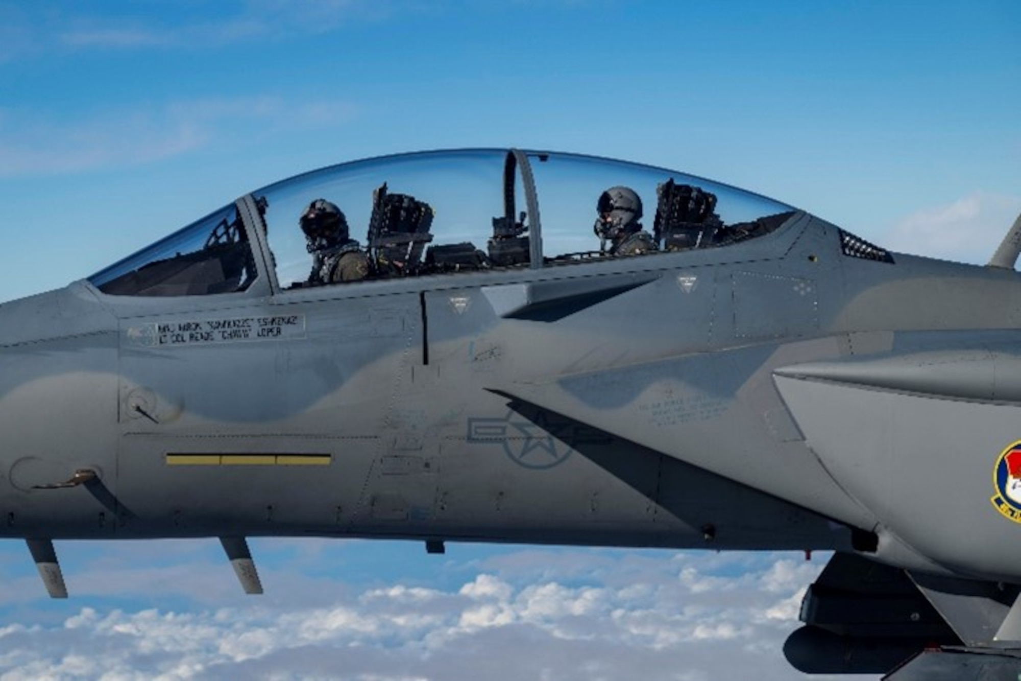 A formation of four U.S. Air Force F-15EX Eagle II fighter jets, assigned to Eglin Air Force Base, Florida, fly over the Gulf of America, Nov. 21, 2025. Secretary of the Air Force Troy Meink flew in the backseat of the lead jet as part of his visit to Eglin AFB. The flight oriented Meink to F-15EX tactics, techniques and procedures being developed and advanced by the 53d Wing to include weapons capacity, next-gen survivability, and next-generation radars, sensors and networking capabilities. (U.S. Air Force photo by Staff Sgt. Blake Wiles)