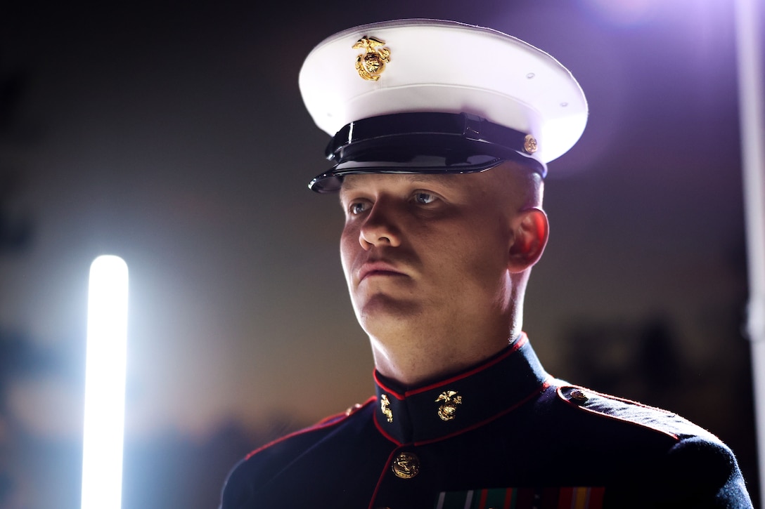 U.S. Marine Corps Gunnery Sgt. Zackary Cox, platoon sergeant, United States Marine Corps Silent Drill Platoon, Alpha Company, Marine Barracks Washington, poses for a photograph, at the Marine Corps Air Station Miramar Officer's Club, San Diego, Calif., Sept. 28, 2025. America’s Air Show 2025 is a unique and incredible opportunity to witness Marine and joint aviation capabilities, civilian performers, and the world-famous Blue Angels; to celebrate the 250th birthday of the Marine Corps alongside Marines, and to see first-hand the innovative spirit of the Marine Corps through emerging technologies and forward-thinking. The Silent Drill Platoon performed in support of community engagement and Marine Corps outreach. (U.S. Marine Corps photo by Lance Cpl. Brynn L. Bouchard)